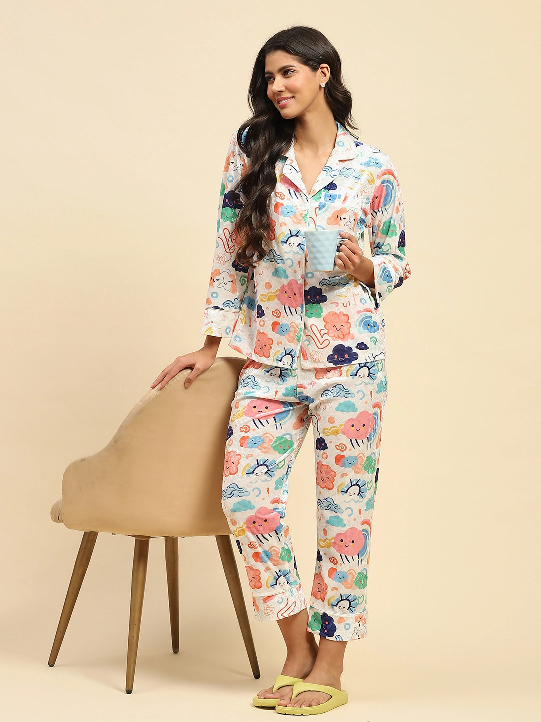 Multicolour Abstract Poly Blend Relaxed Fit Night Suit