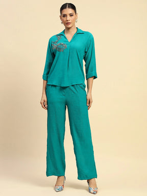 Sea Green Poly Viscose Relaxed Fit Co-ord Set For Women