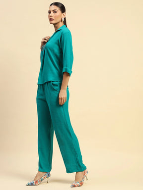 Sea Green Poly Viscose Relaxed Fit Co-ord Set For Women