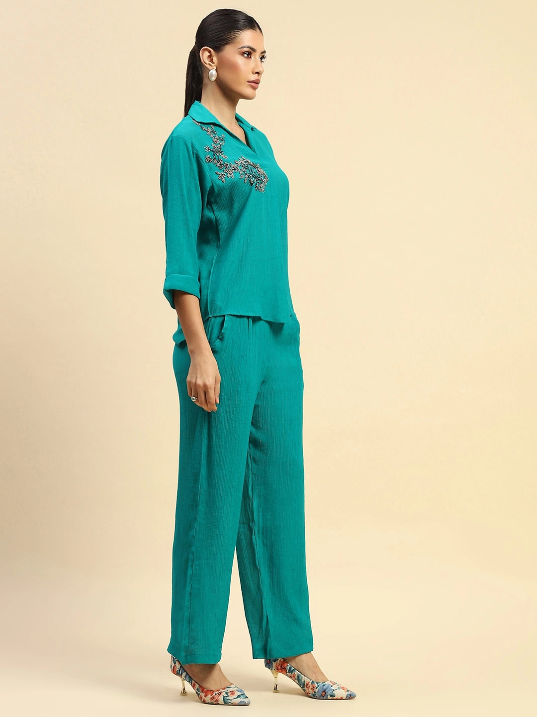 Sea Green Poly Viscose Relaxed Fit Co-ord Set For Women