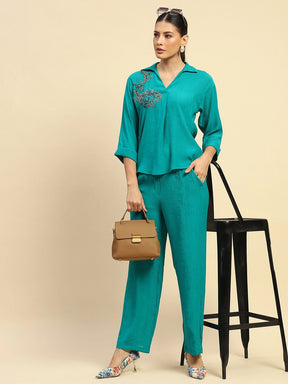 Sea Green Poly Viscose Relaxed Fit Co-ord Set For Women