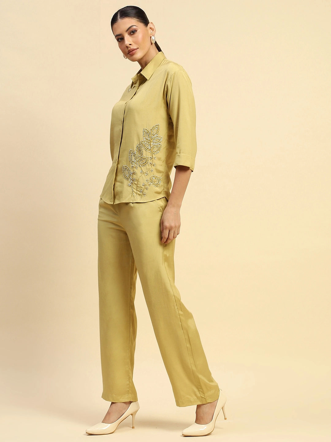 Lime Poly Viscose Relaxed Fit Co-ord Set For Women