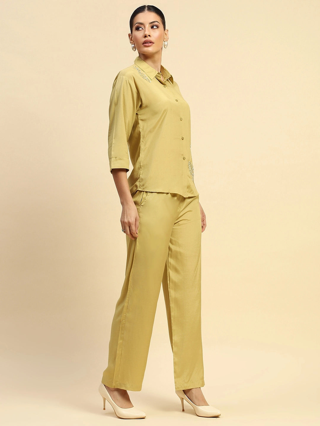 Lime Poly Viscose Relaxed Fit Co-ord Set For Women