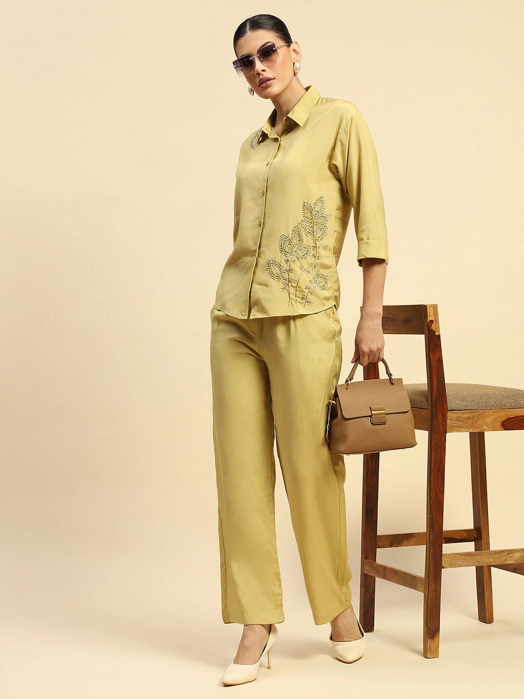 Lime Embroidered Poly Viscose Relaxed Fit Co-ord Set