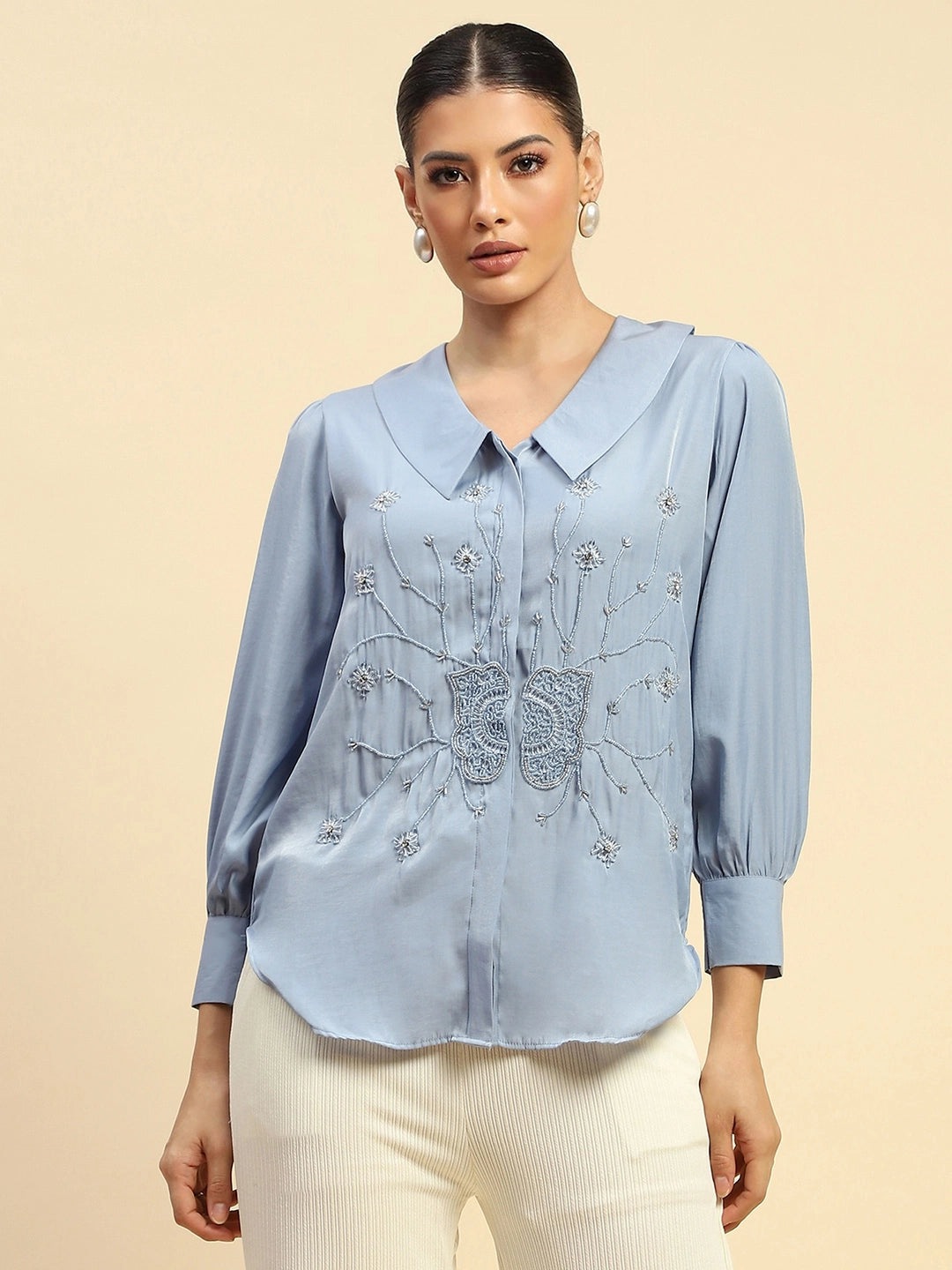 Powder Blue Viscose Satin Loose Fit Shirt For Women