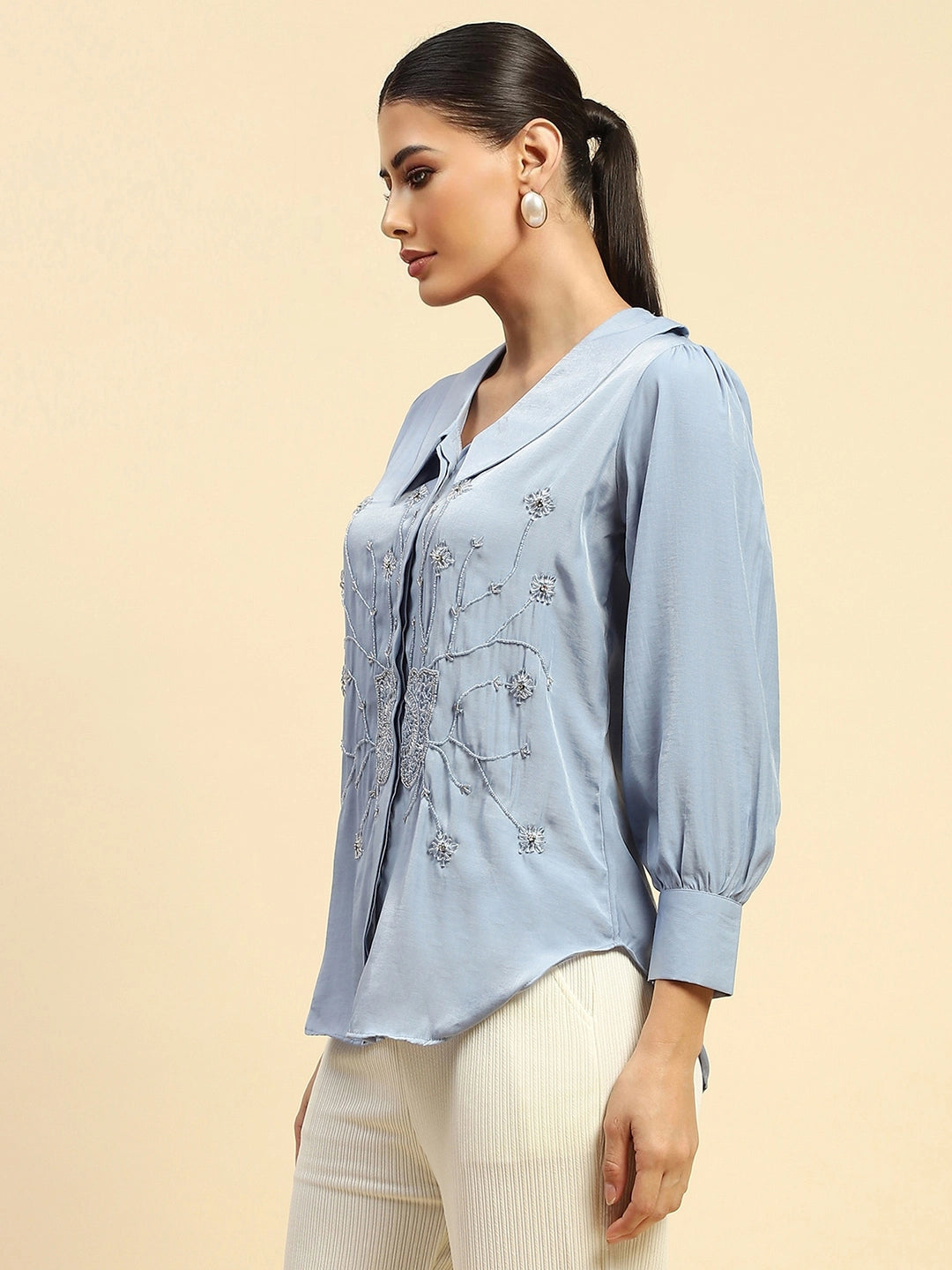 Powder Blue Viscose Satin Loose Fit Shirt For Women