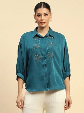 Teal Viscose Satin Loose Fit Shirt For Women