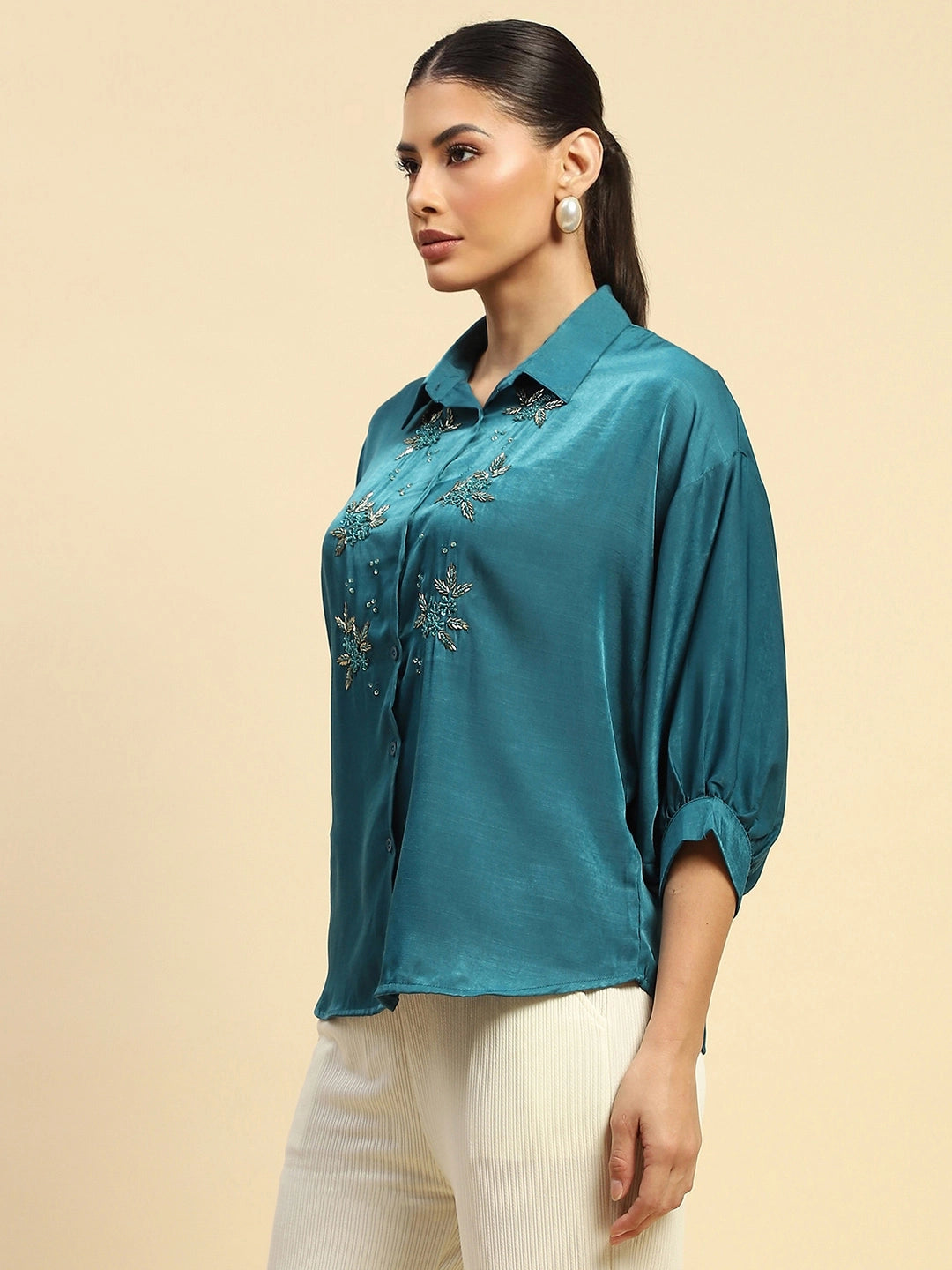 Teal Viscose Satin Loose Fit Shirt For Women