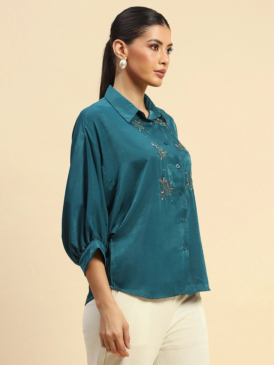 Teal Viscose Satin Loose Fit Shirt For Women