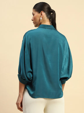 Teal Viscose Satin Loose Fit Shirt For Women