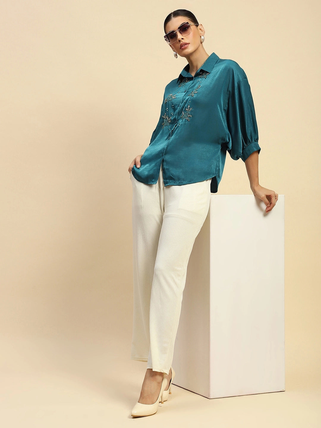 Teal Viscose Satin Loose Fit Shirt For Women