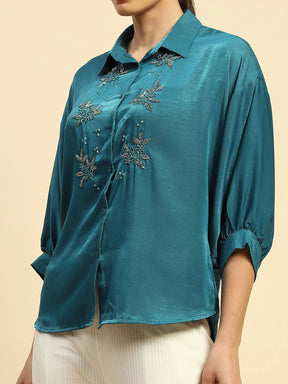 Teal Viscose Satin Loose Fit Shirt For Women