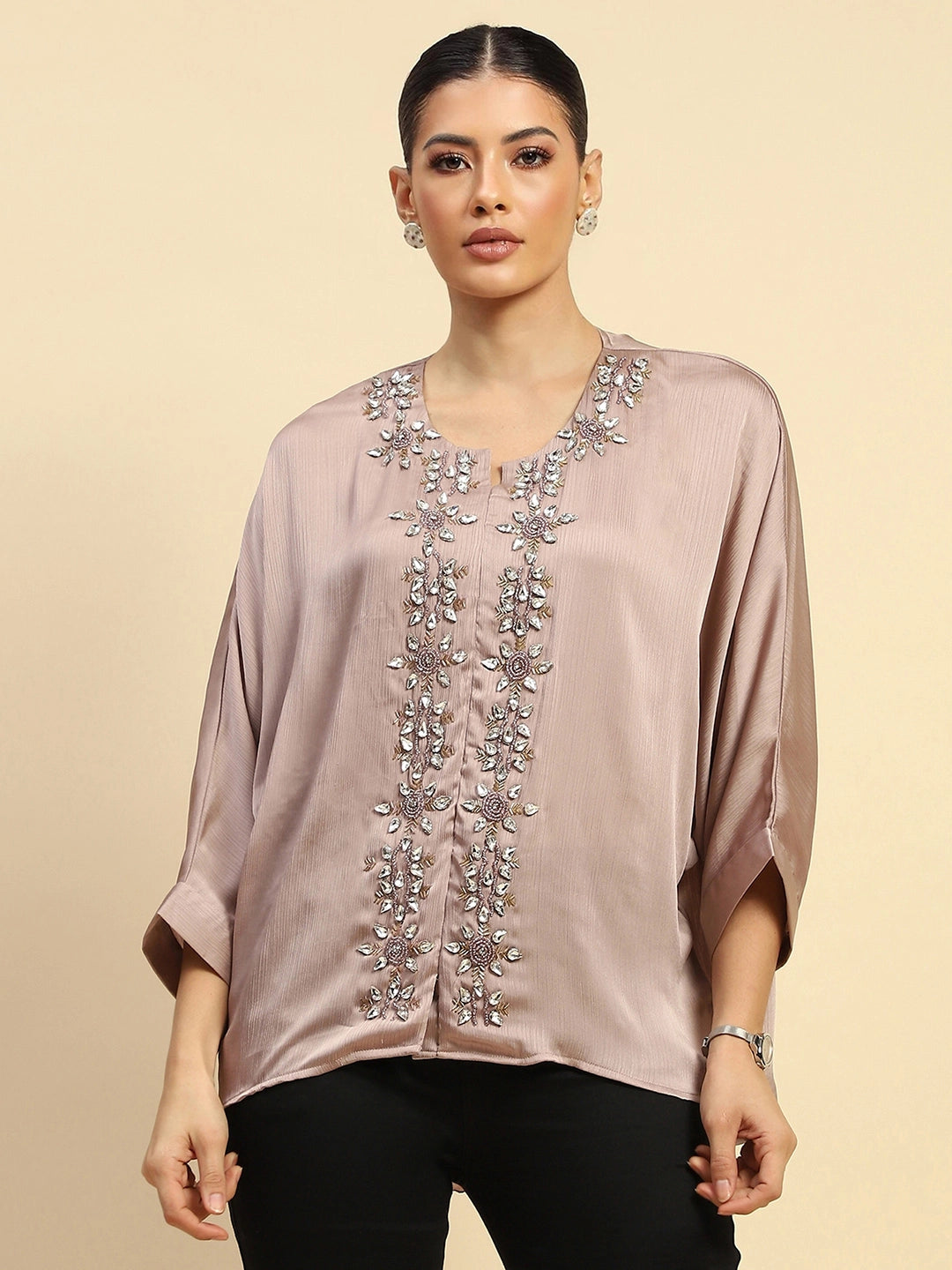 Onion Chiffon Loose Fit Embellished Blouson Top