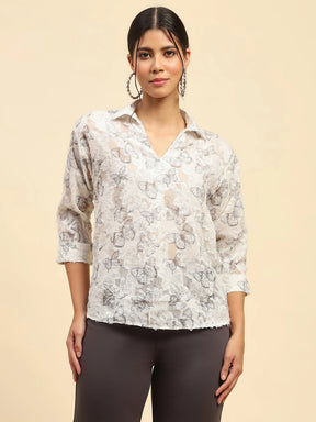 White Butterfly Print Poly Blend Relaxed Fit Blouse