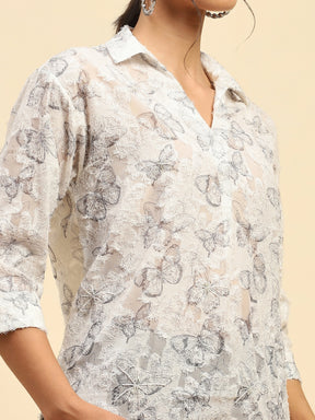 White Butterfly Print Poly Blend Relaxed Fit Blouse