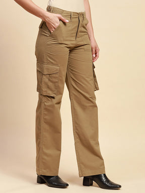 Khakhi Cotton Straight Relaxed Fit Cargo