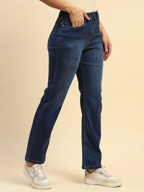 Dark Stone Cotton Blend Straight Relaxed Fit Jeans For Women