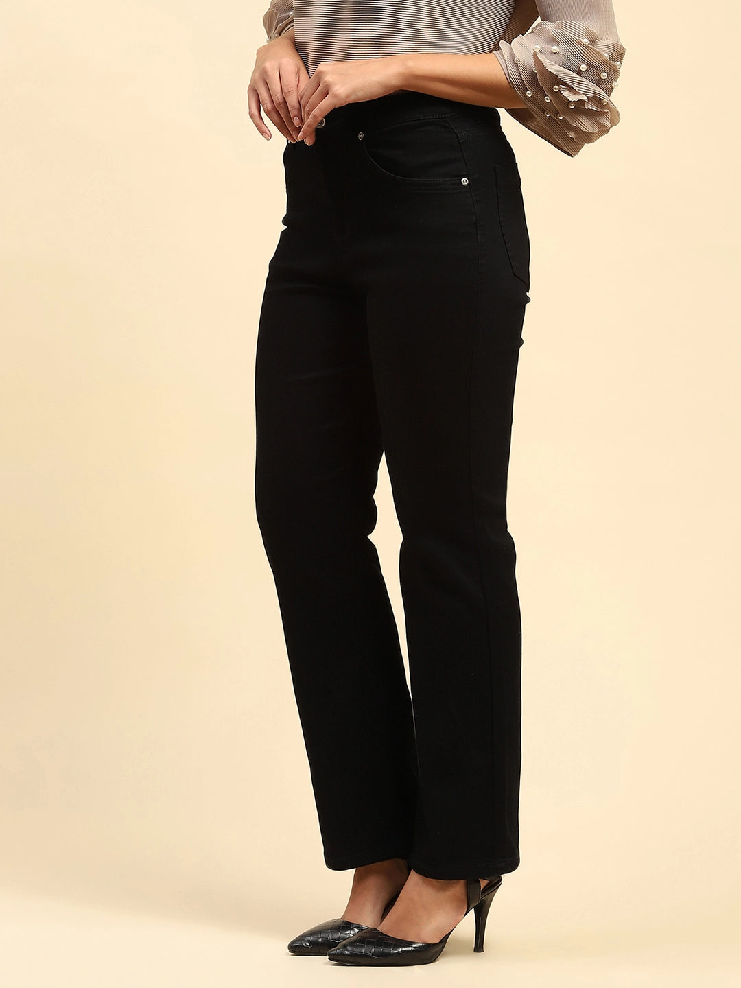 Black Solid Cotton Blend Straight Fit Jeans