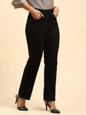 Black Solid Cotton Blend Straight Fit Jeans