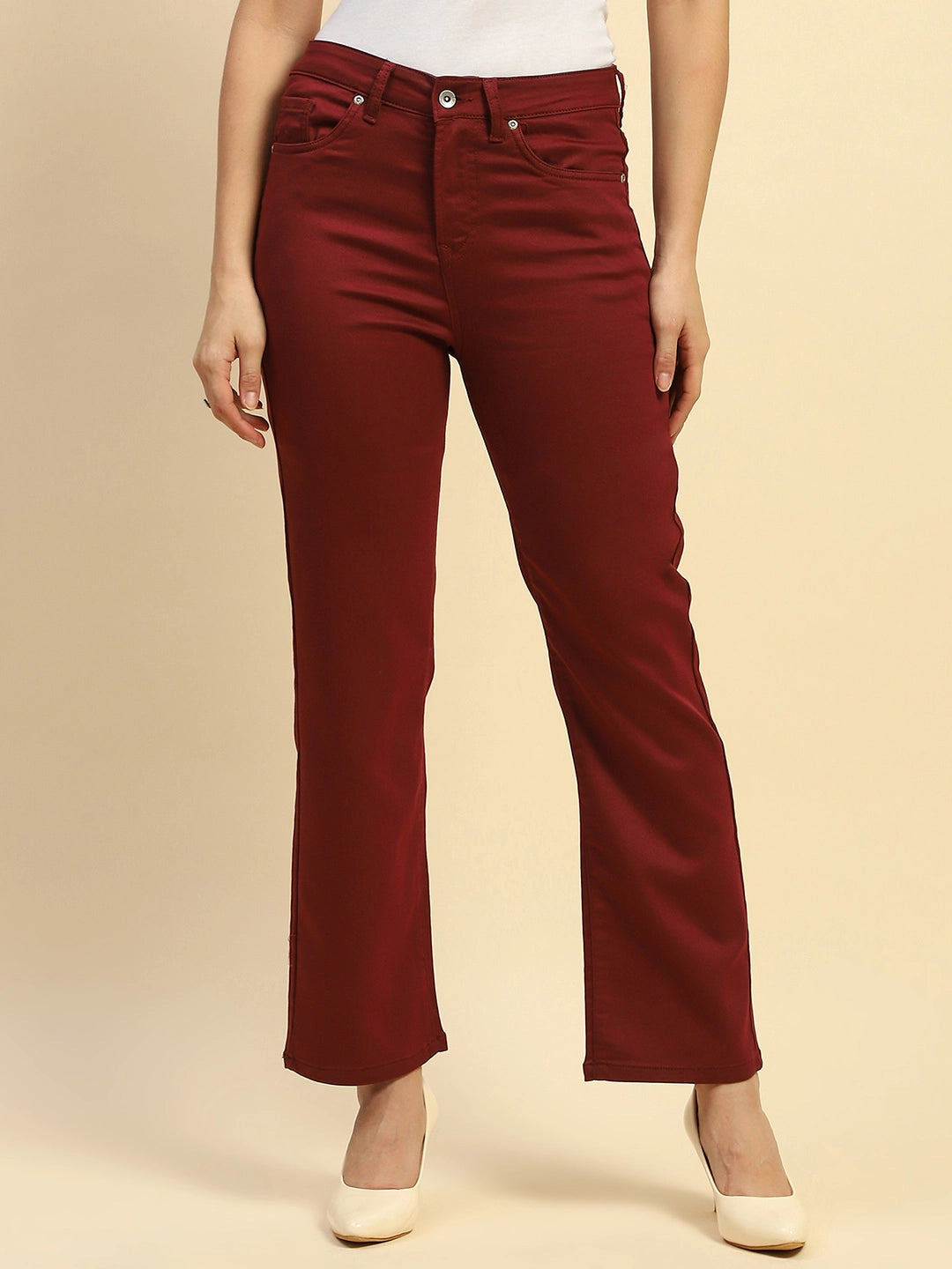 Maroon Cotton Blend Straight fit Trouser For Women