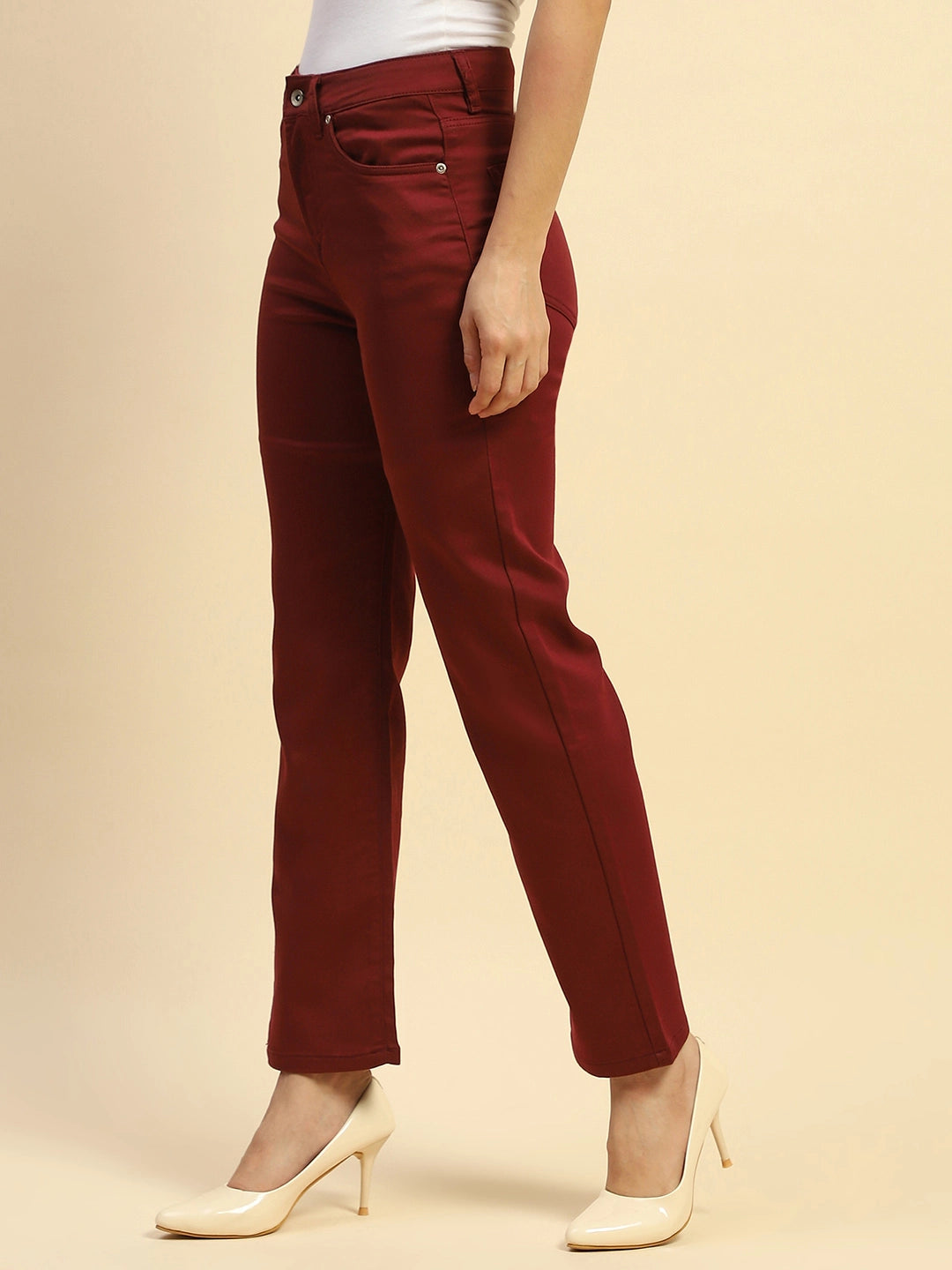 Maroon Cotton Blend Straight fit Trouser For Women