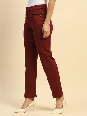 Maroon Cotton Blend Stretchable Straight fit Trouser