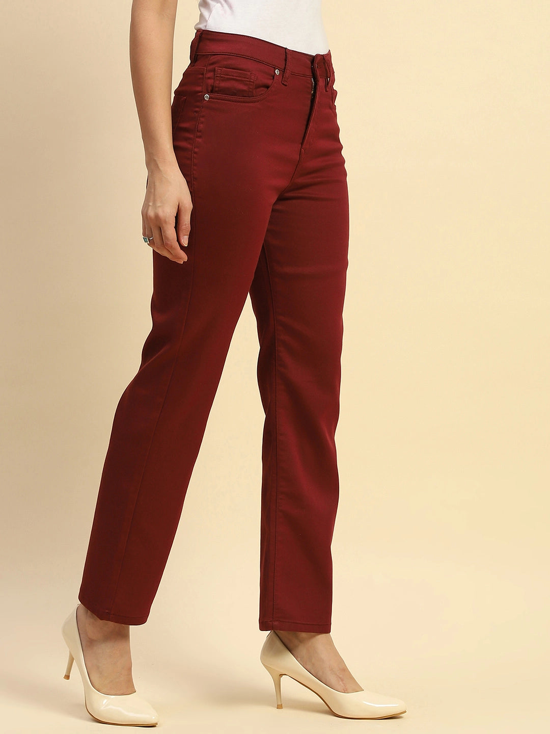 Maroon Cotton Blend Stretchable Straight fit Trouser