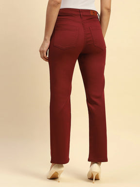 Maroon Cotton Blend Stretchable Straight fit Trouser