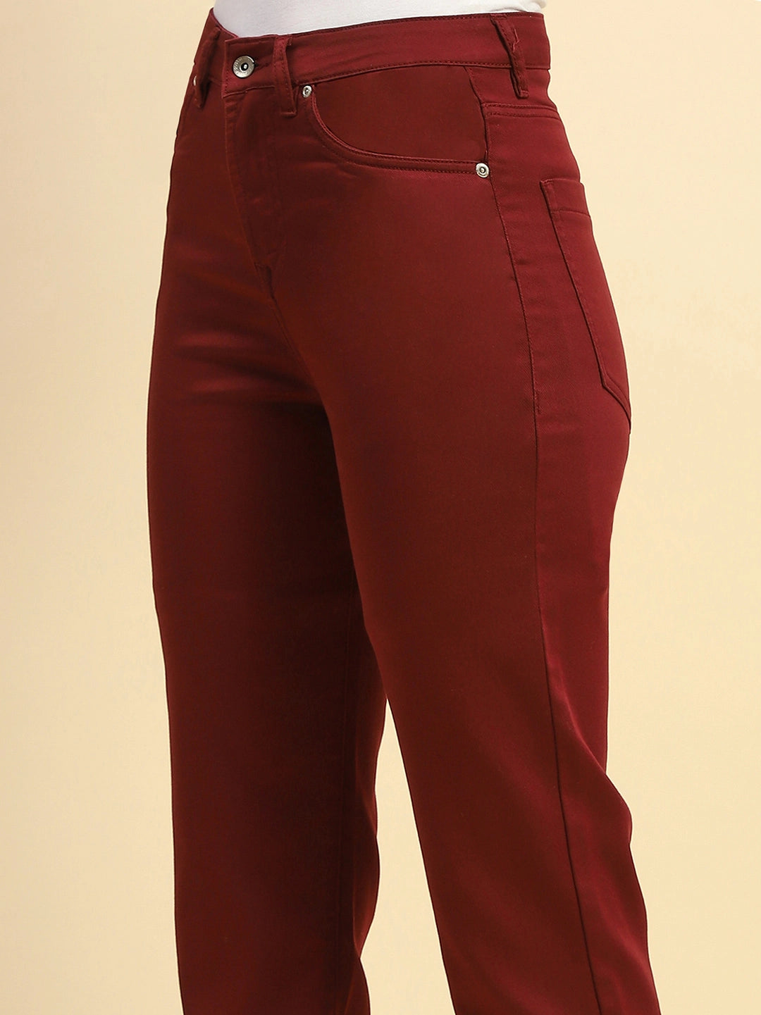 Maroon Cotton Blend Stretchable Straight fit Trouser