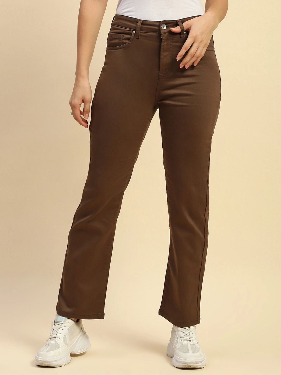 Mustard Cotton Blend Straight Fit Trouser For Women