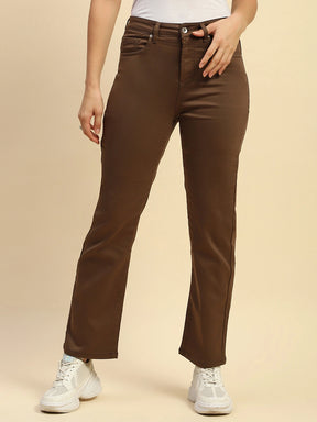 Coffee Brown Cotton Blend Stretchable Straight Fit Trouser