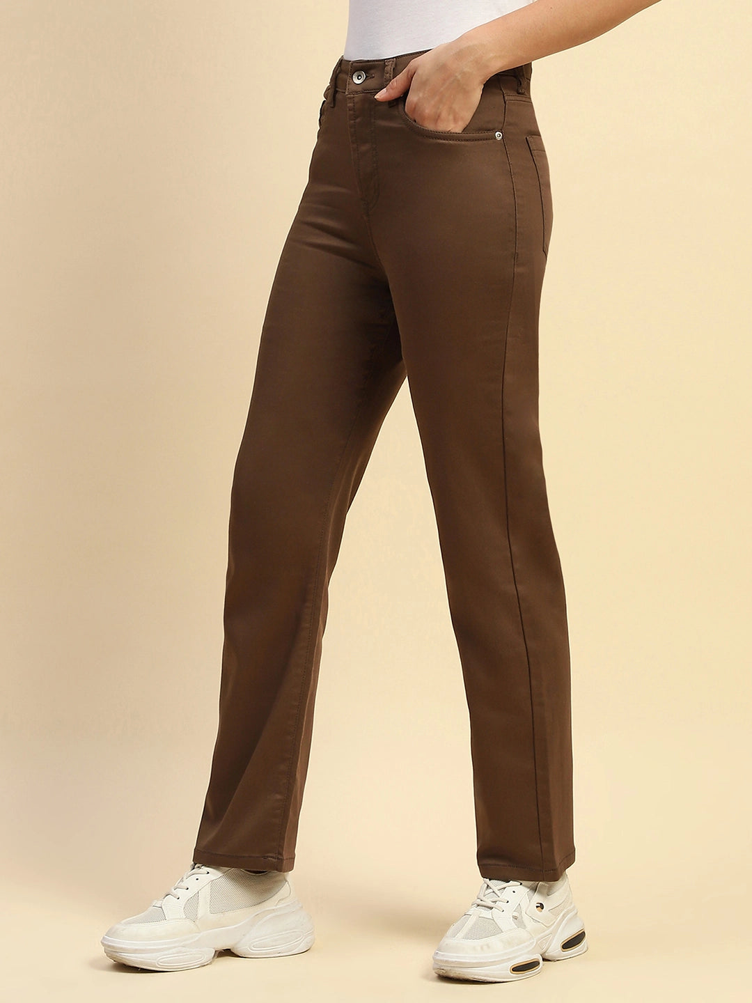 Mustard Cotton Blend Straight Fit Trouser For Women