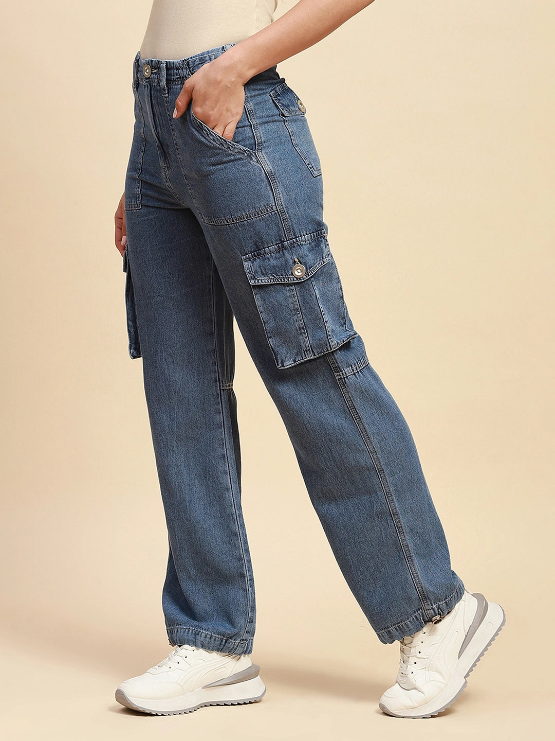 Blue Cotton straight relaxed fit Cargo For Women