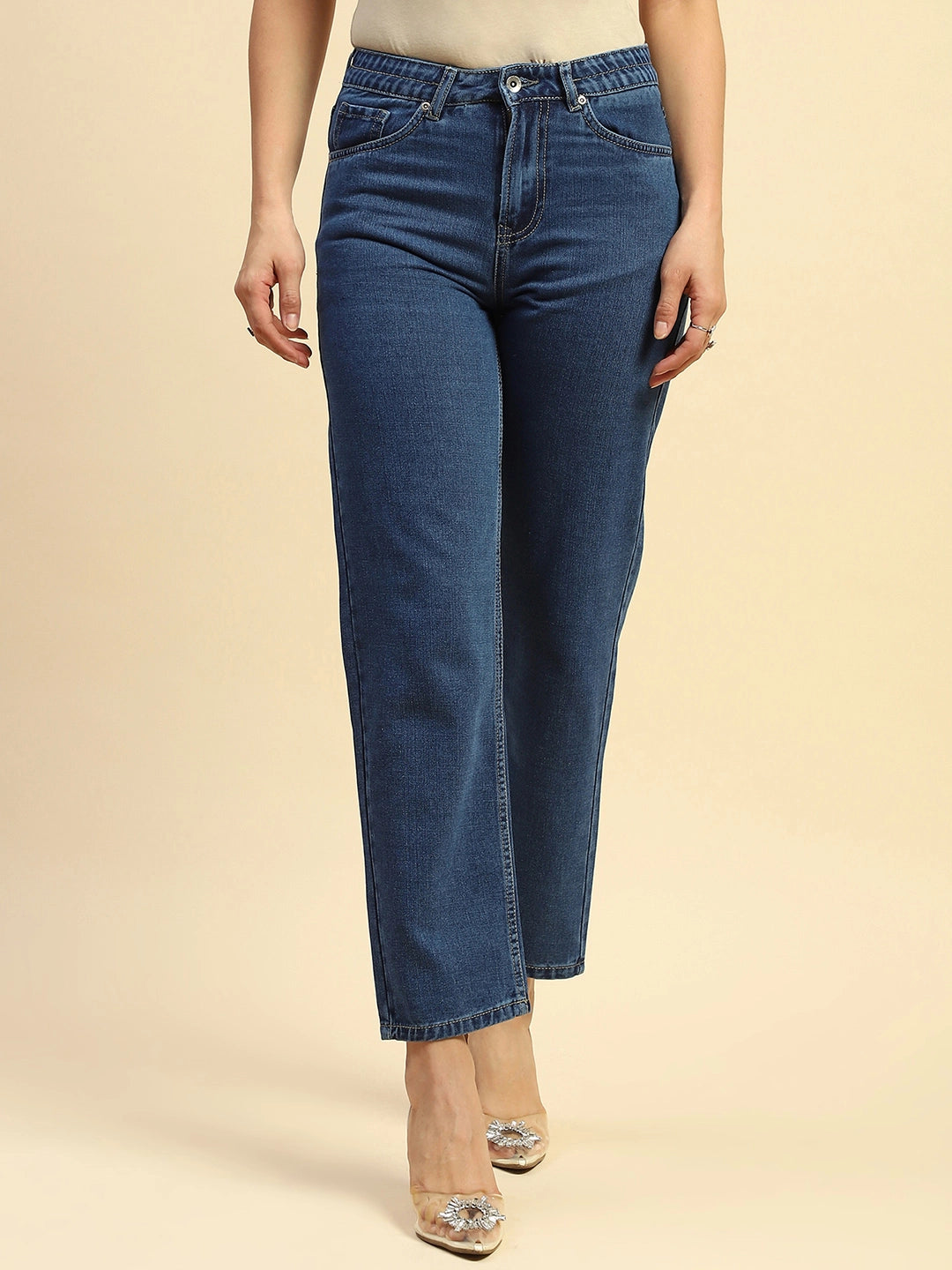 Blue Cotton Blend Mom Fit Jeans For Women