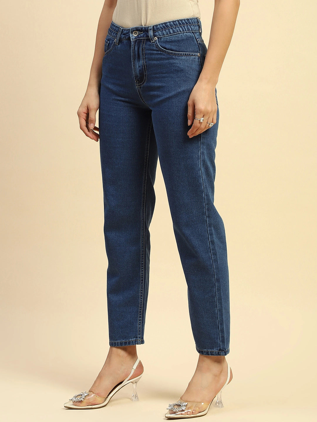 Blue Cotton Blend Straight Fit Jeans For Women