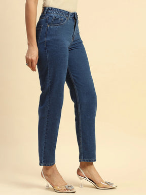 Blue Cotton Blend Straight Fit Jeans For Women