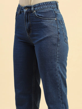 Blue Cotton Blend Straight Fit Jeans For Women