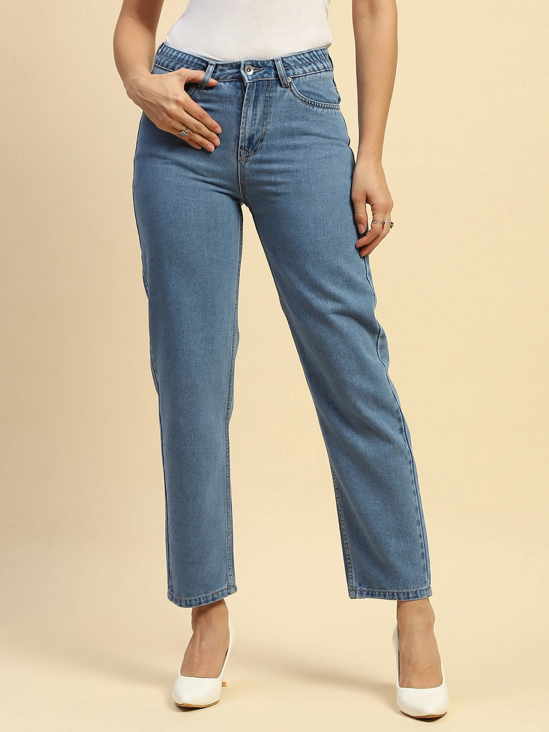 Mid Blue Cotton Blend Mom Fit Jeans For Women