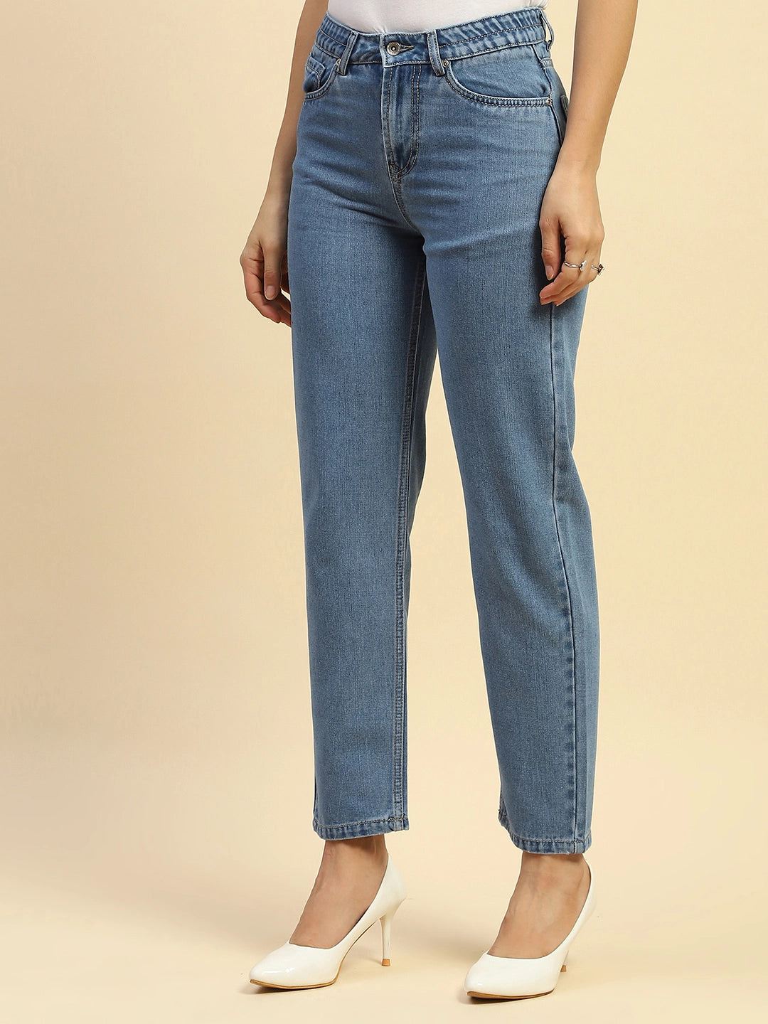 Mid Blue Cotton Blend Mom Fit Jeans For Women