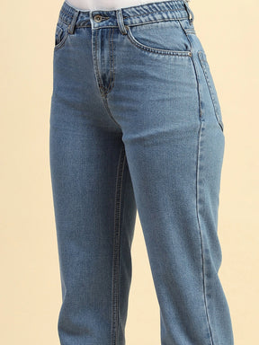 Mid Blue Cotton Blend Straight Fit Jeans For Women