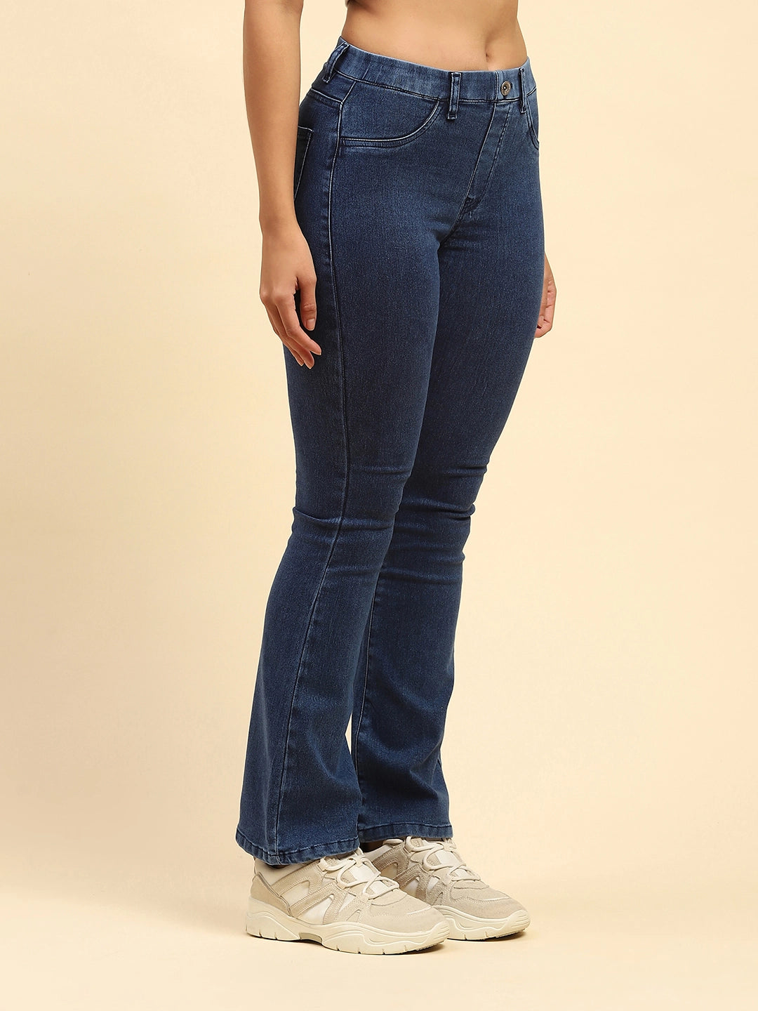 Dark Blue Solid Cotton Blend Straight Fit Jegging