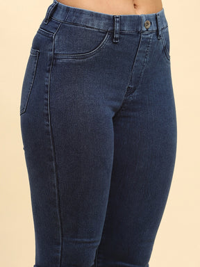 Dark Blue Solid Cotton Blend Straight Fit Jegging