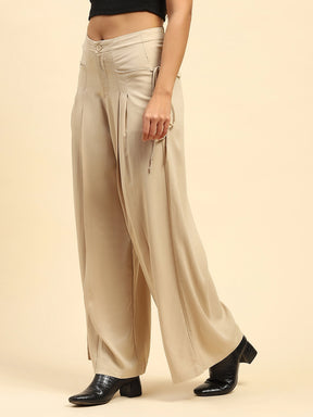 Beige Solid Poly Cotton Loose Fit Palazzo