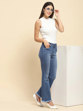 Mid Blue Cotton Blend Solid Bootcut Jeans