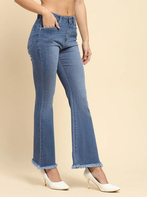 Mid Blue Cotton Blend Solid Bootcut Jeans