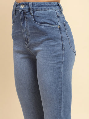 Mid Blue Cotton Blend Solid Bootcut Jeans