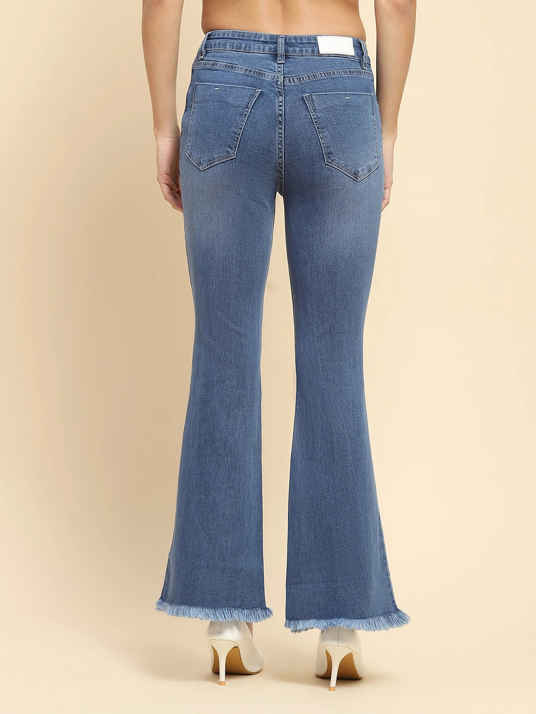 Mid Blue Cotton Blend Solid Bootcut Jeans