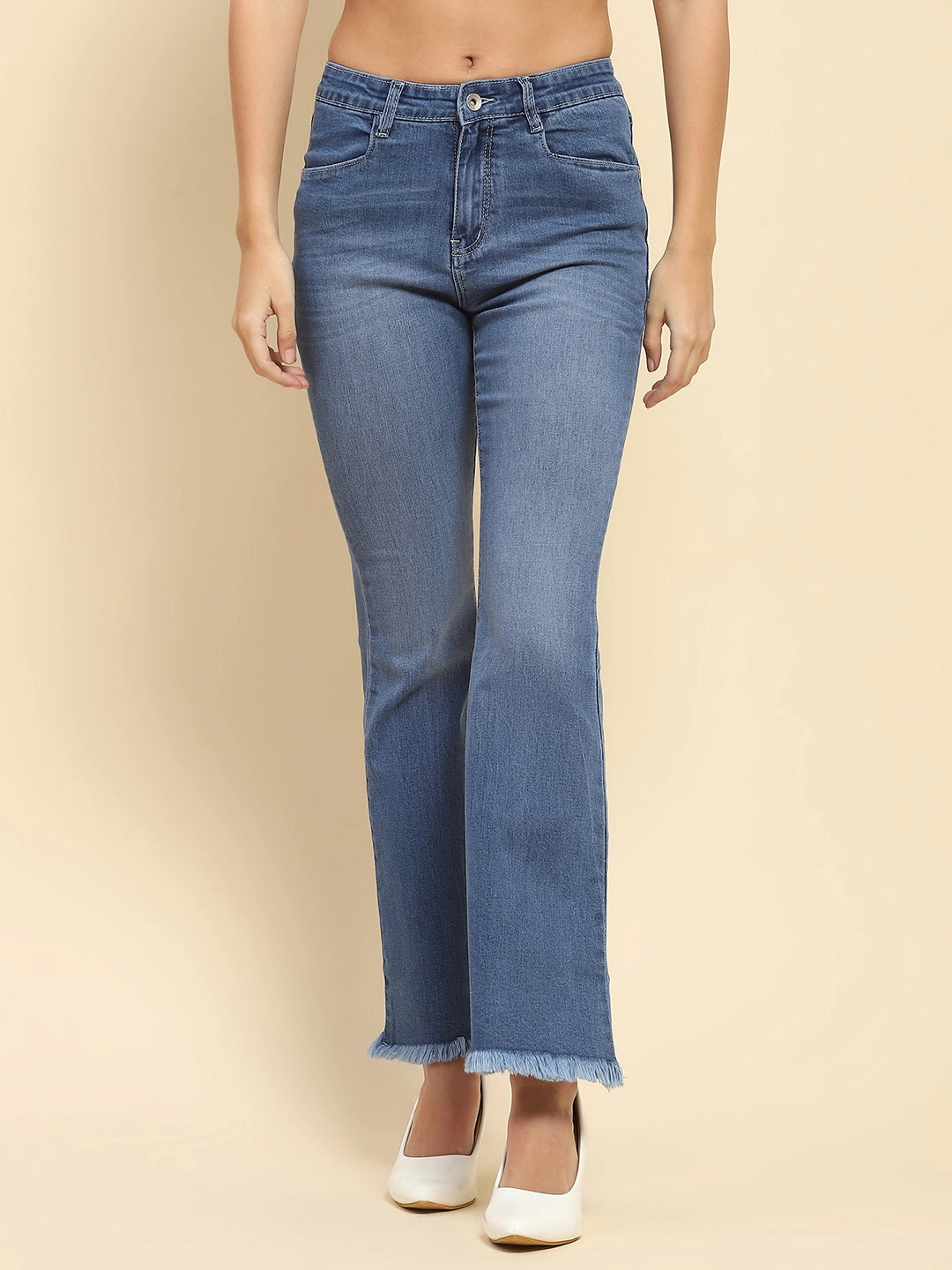 Mid Blue Cotton Blend Solid Bootcut Jeans