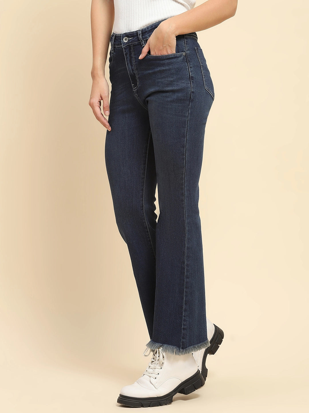 Tint Blue Cotton Blend Solid Bootcut Jeans