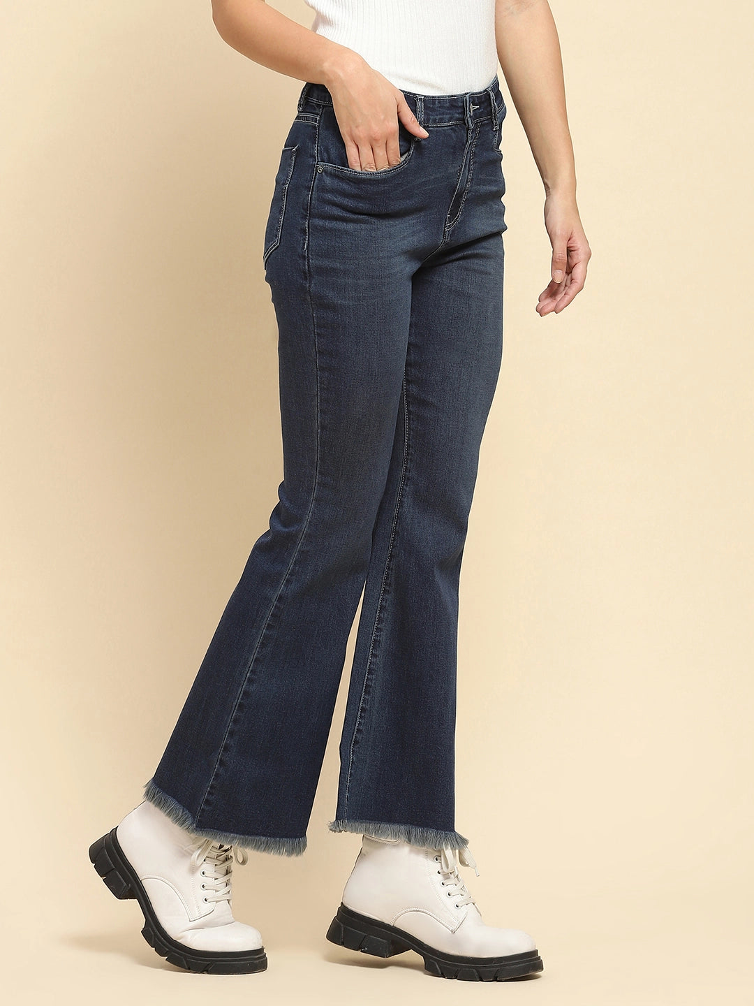 Tint Blue Cotton Blend Solid Bootcut Jeans